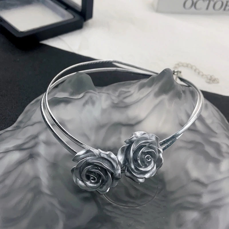 Trendy Silver Rose Flower Pendant: Double Layer Choker Y2K Necklace, Temperament Jewelry for Women