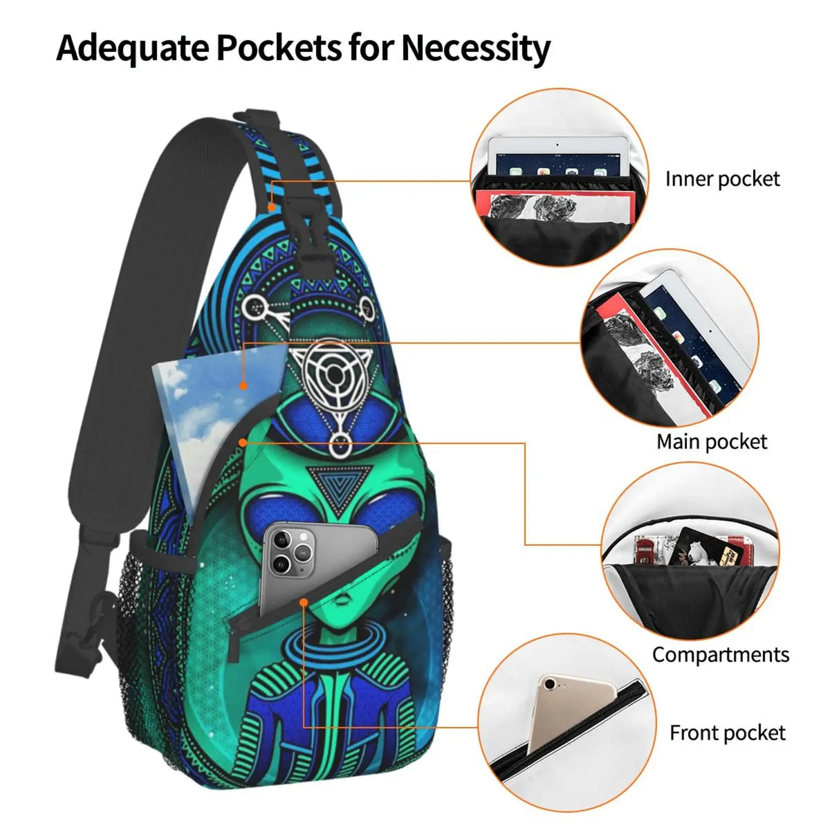 UFO Alien & Triangle Lotus Crossbody Backpack | Unisex Sling Chest Bag for Hiking, Gym, Travel