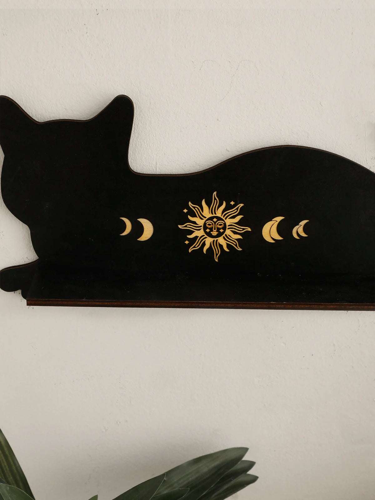 Black Cat Wooden Shelf - Moon Phase Chakra Crystal Display Stand, Gothic Witch Home Decor for Bedroom