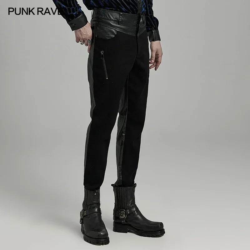 PUNK RAVE Men's Punk Tight Elastic Woven Pants Simple Personalized Slim Black Trousers Autumn/Winter Men Clothing Streetwear