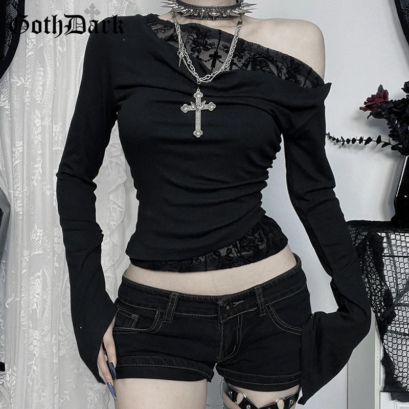 Goth Dark Autumn Fashion Long Sleeve Oblique Shoulder Top – Elegant Flocking Mesh Patchwork T-shirts, Mall Goth Alt Clothing