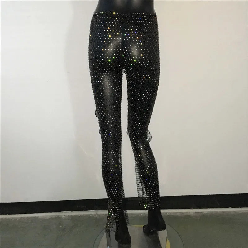 Sexy Fishnet Rhinestone Mesh Chain Look Baggy Pants