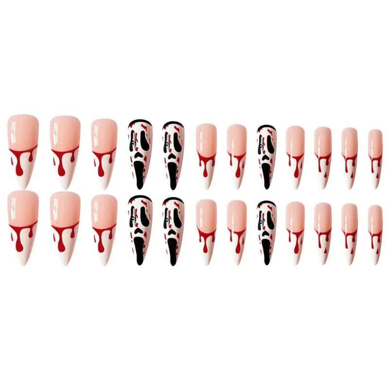 24 Pcs/Set Screaming Ghost Face Halloween Wearable False Nails Press on Nails Art Long Ballet Full Cover Almond Fake Nail Tips