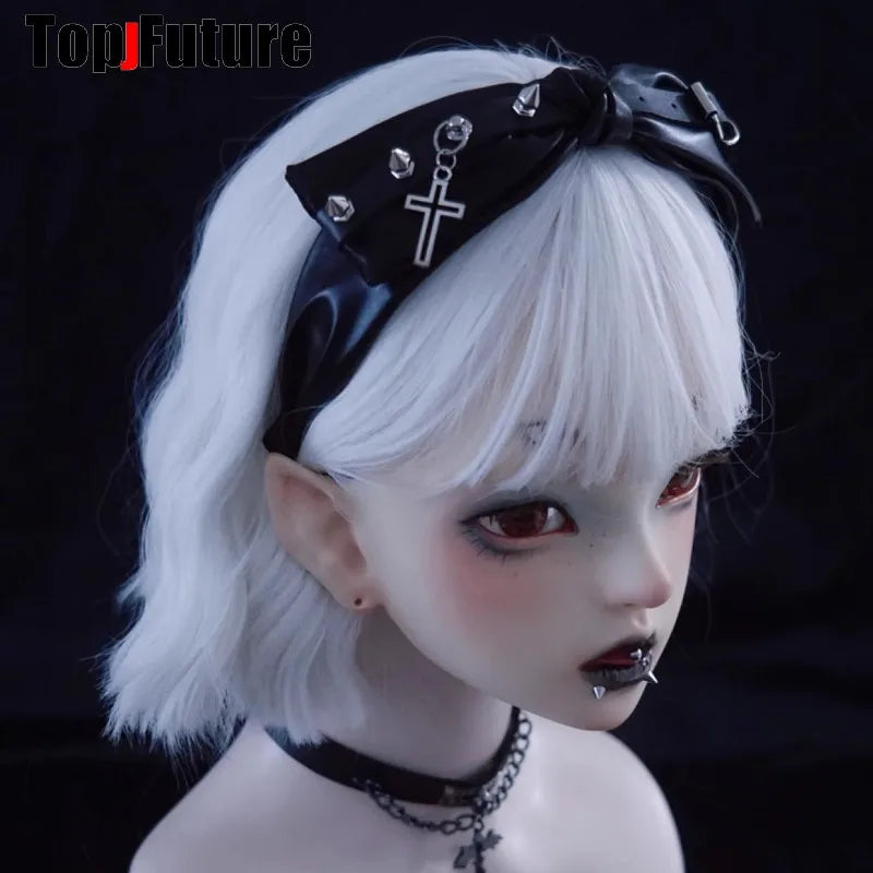 Streetwear leather bow buckle Y2K girl women gothic lolita cosplay Spike Harajuku Punk bow hairbands hairband hair hoop