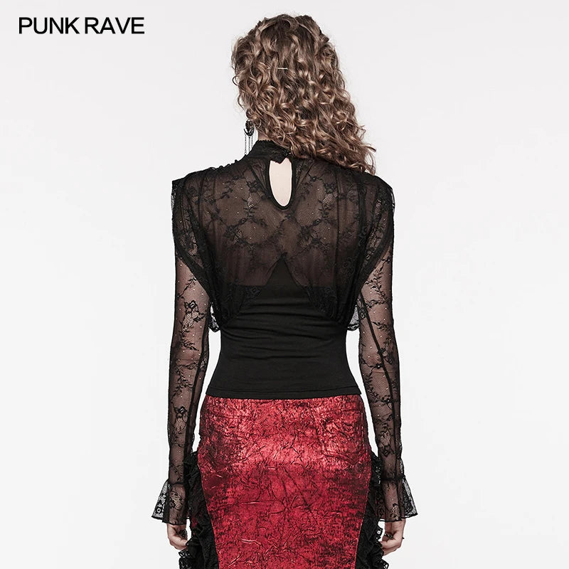 PUNK RAVE Women's Gothic Lace Splicing Shirt - Retro Black Blouse with Elastic Detailing, Daily Sexy Mystery Top