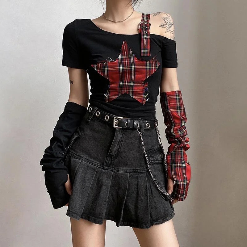 Classic Asymmetrical Women's Grunge Punk Arm Gloves Cold Shoulder Red Star Pattern Black Crop Top Y2k E-girl T-shirt