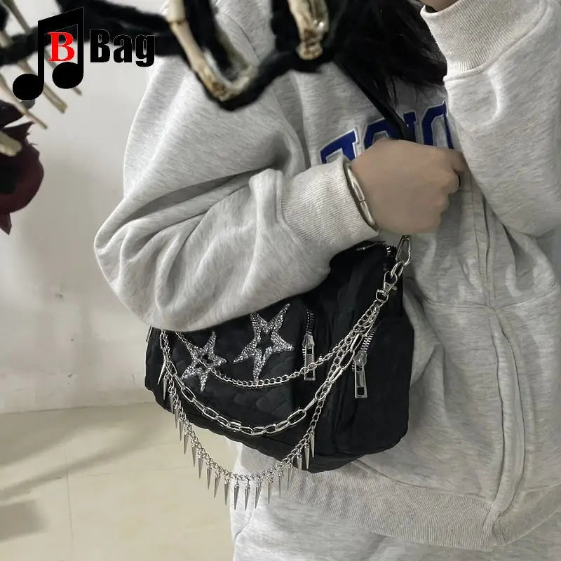 Goth Punk Women's Fashion Handbag - Casual Crossbody Diamond Shoulder Bag, Oxford Cloth Waterproof All-Match Messenger