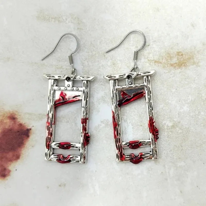 Bloody Guillotine Earrings - Gothic Weapon Jewelry, Spooky Halloween Accessories