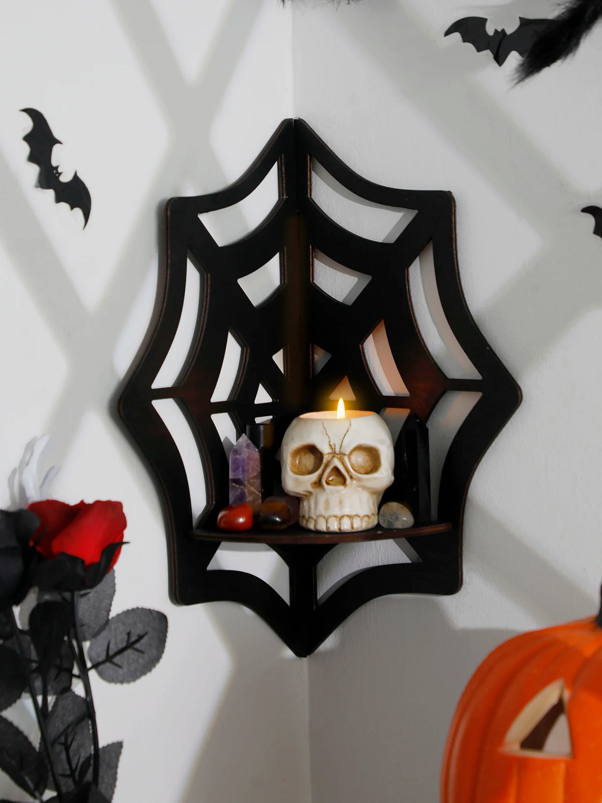 Spider Web Floating Corner Shelf - Gothic Halloween Decoration, Wall Hanging Crystal Display Shelf, Kitchen and Home Wall Decor