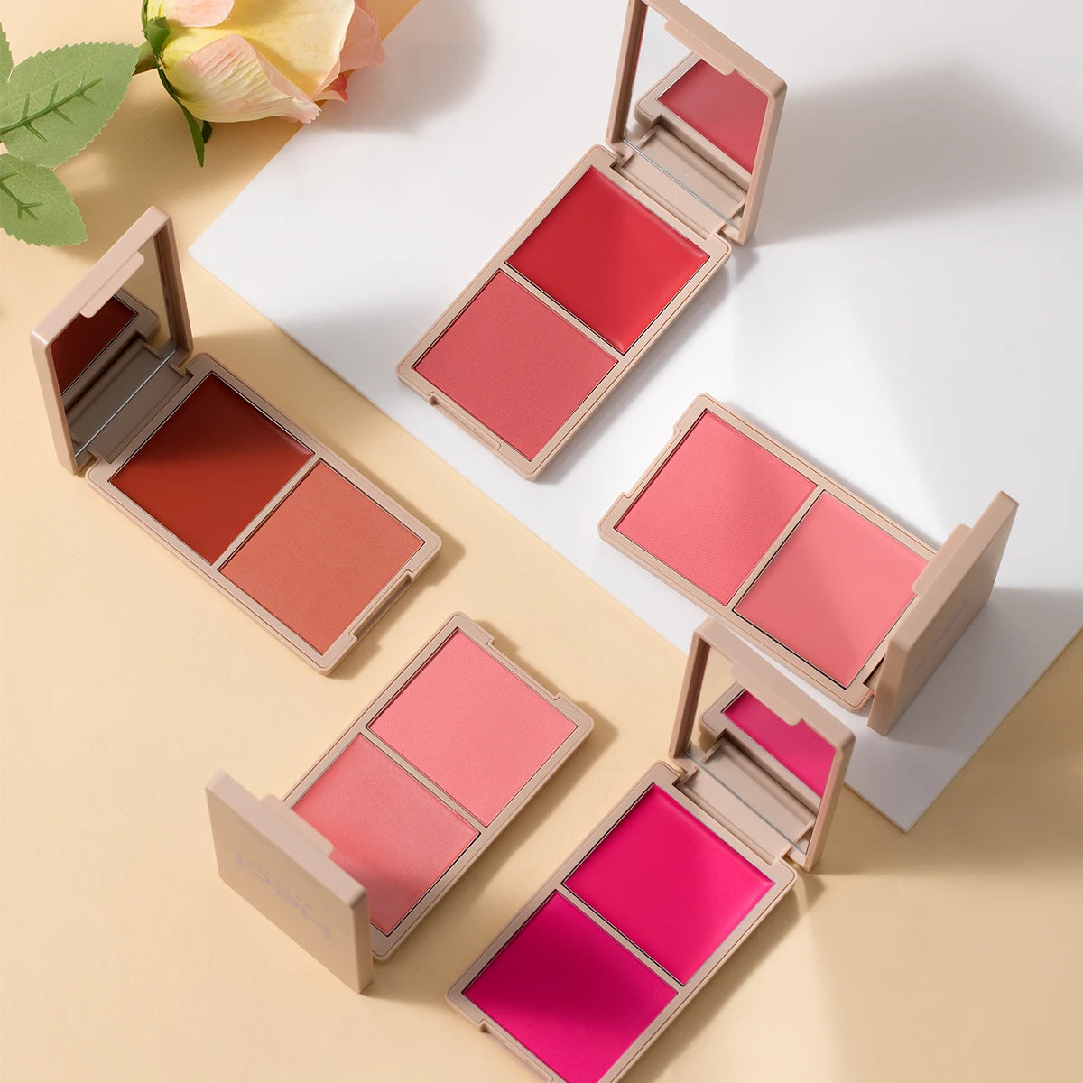 Creme & Powder Blush Duo – Long-Wearing Matte & Dewy Finish, High-Pigment Pink, Candy Peach, Vibrant Orange-Red Palette