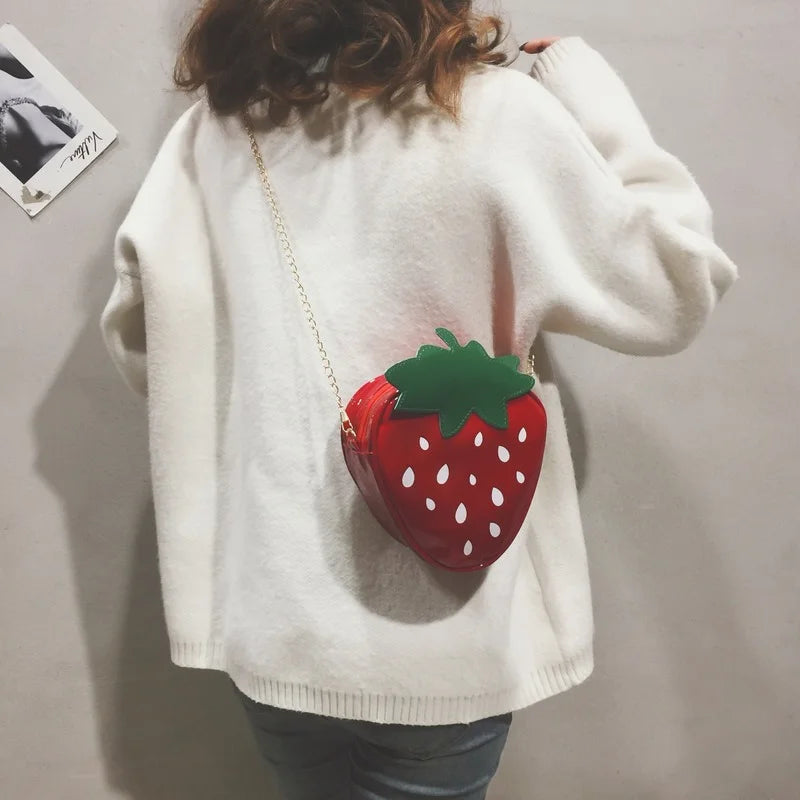 Strawberry Shaped Fun Novelty 3D Zip Closure Crossbody Bag With Chain Strap