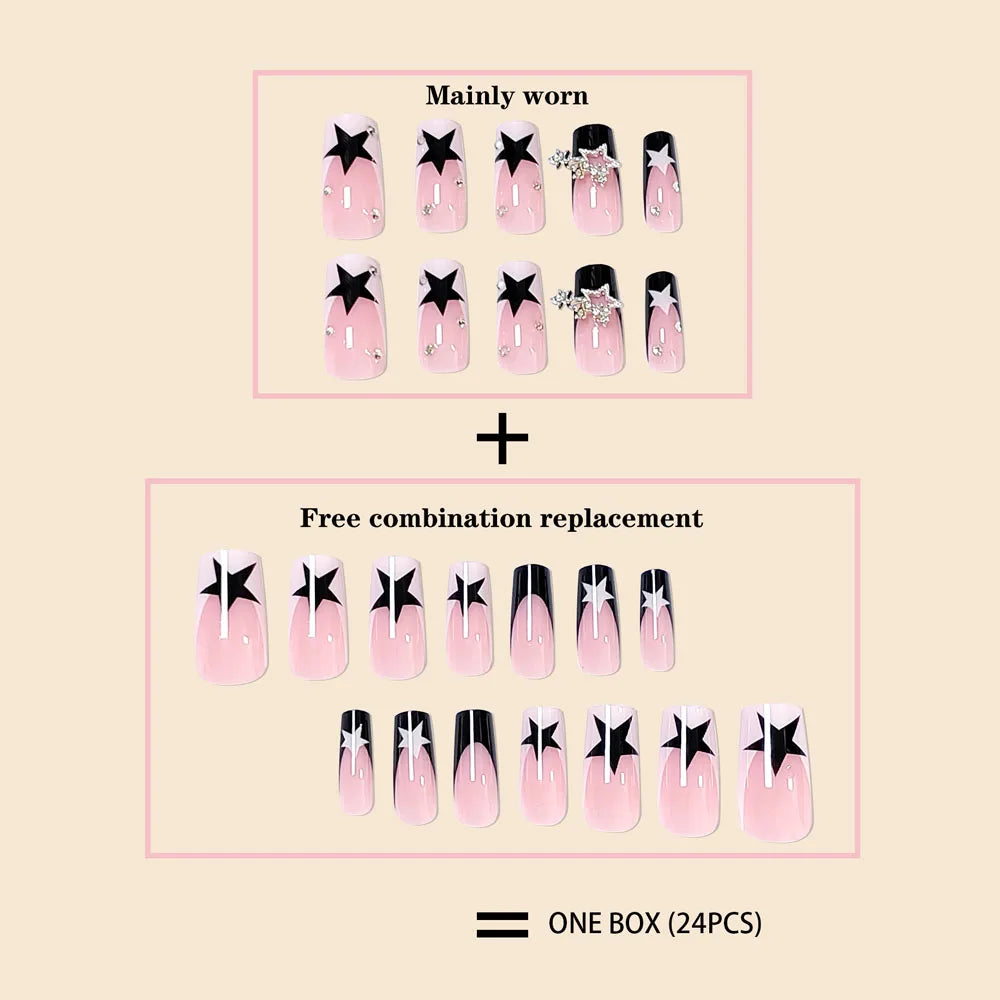 Women Girls 24Pcs Long Square Black French sparkling diamond star pendant Full Coverage Wearable Fake Nail Press on Nail Art