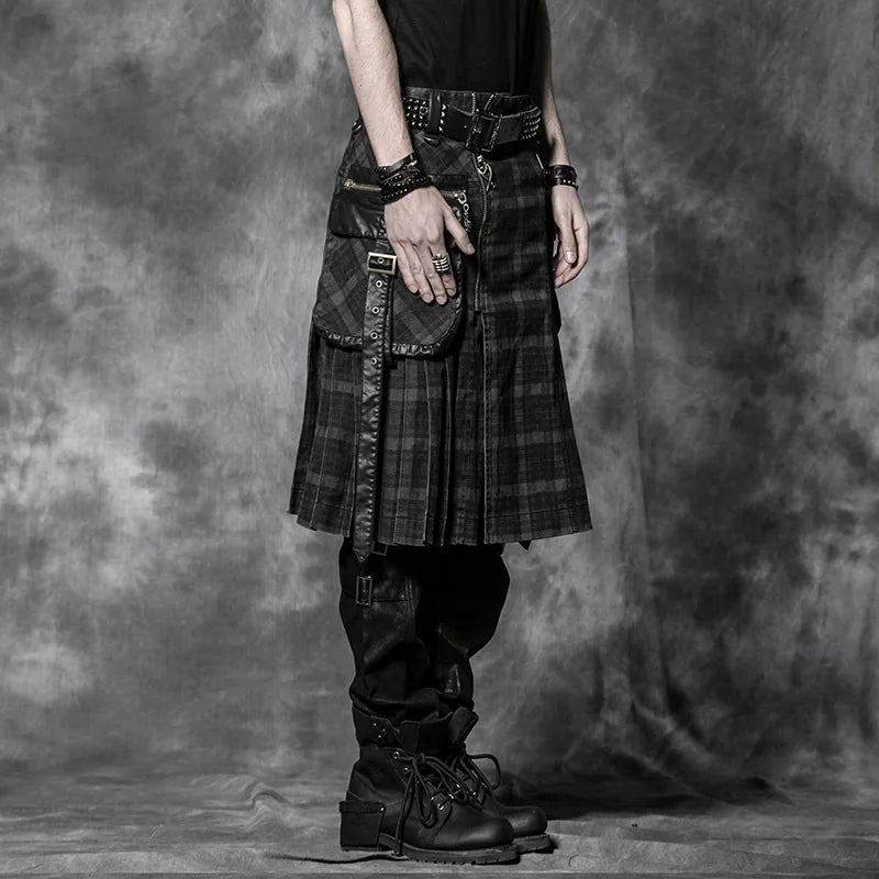 PUNK RAVE Punk Rock Trousers Mens Fashion Pants Cargo Personality Scottish Kilts Check Pattern Long Half Skirts