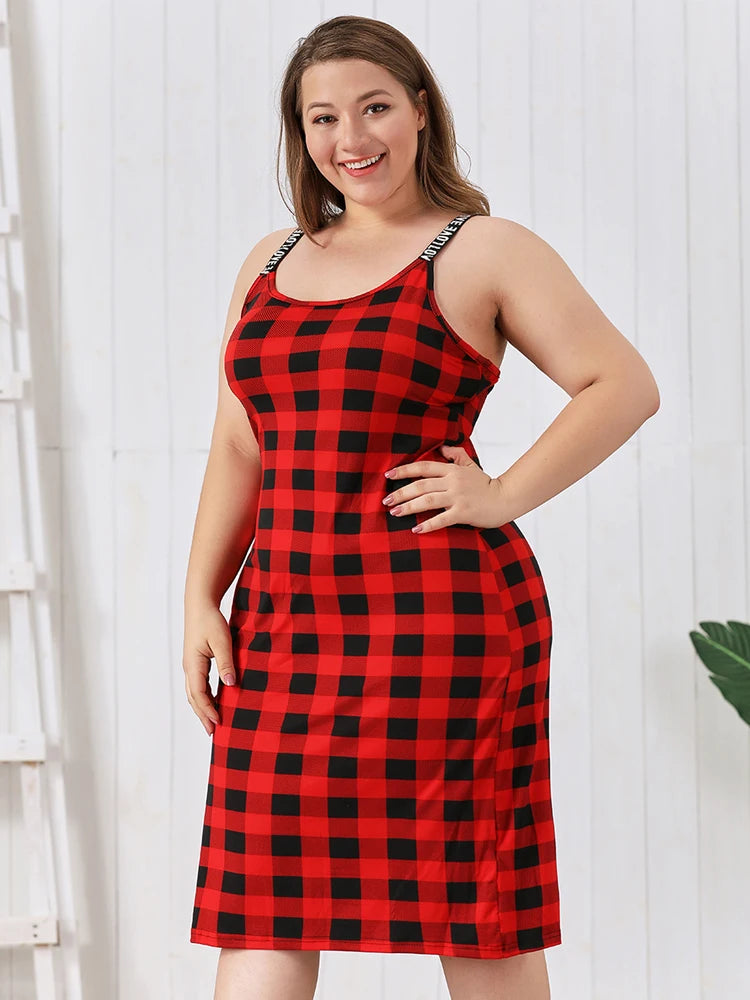 Plus Size Women’s Sexy Red Plaid Sleepwear - Sling Nightgown, Homewear Pajamas Dress