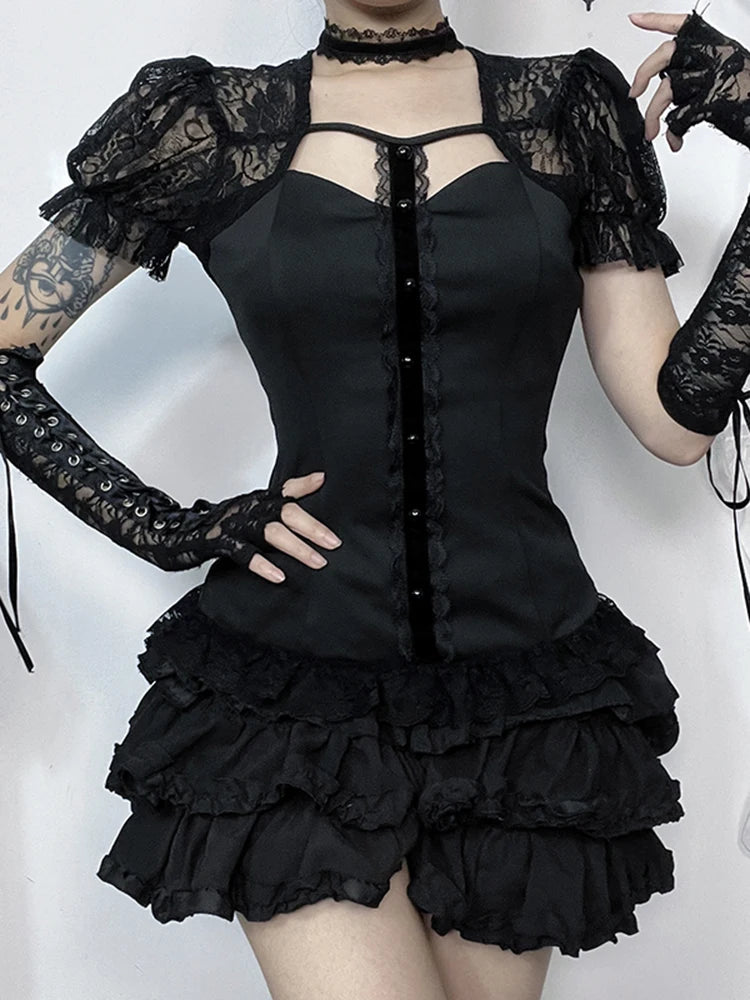 Women's Summer Gothic Top 2024 – "Blood Together To Diablo" Style featuring a lace splicing design with dramatic bubble sleeves.