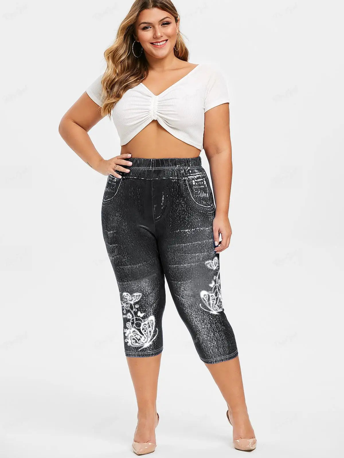 Spring/Summer 2024 Plus Size XS-6X Women's Printed Short-Sleeve T-shirt and 3D Butterfly Flower Printed Leggings Outfit