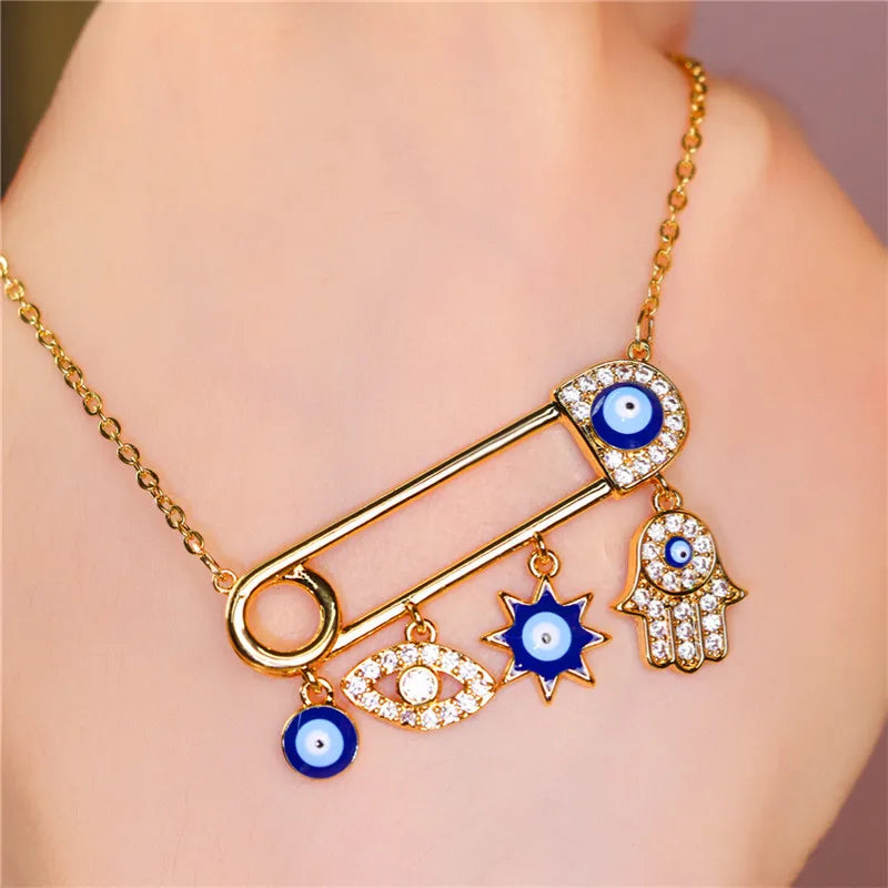 Female Eye Hand Round Pendant Necklace Cute Gold Color Jewelry For Women