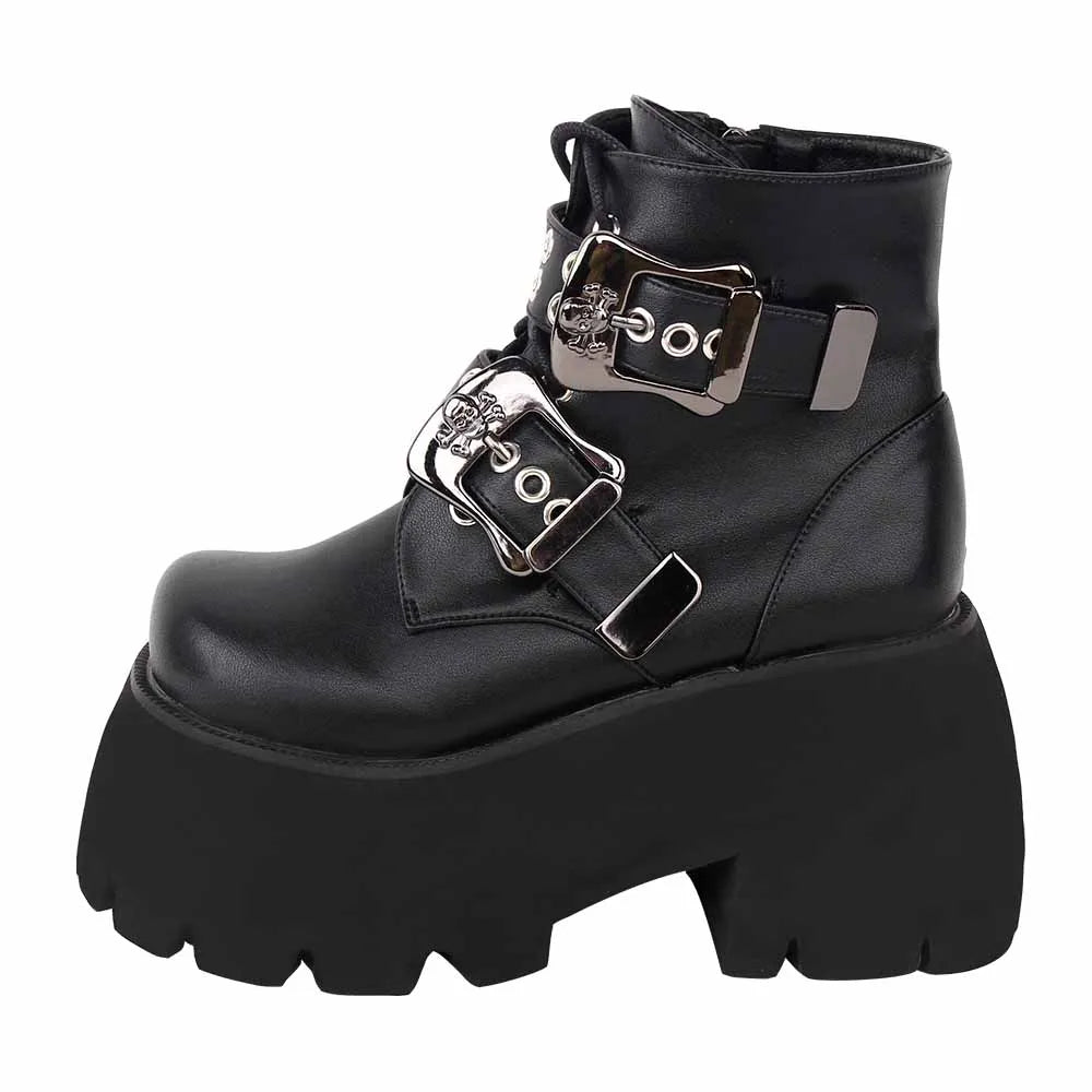 Angelic imprint Women Gothic motorcycle punk dark boots lady ankle Boots woman high heels pumps platform shoes skull lace up 558