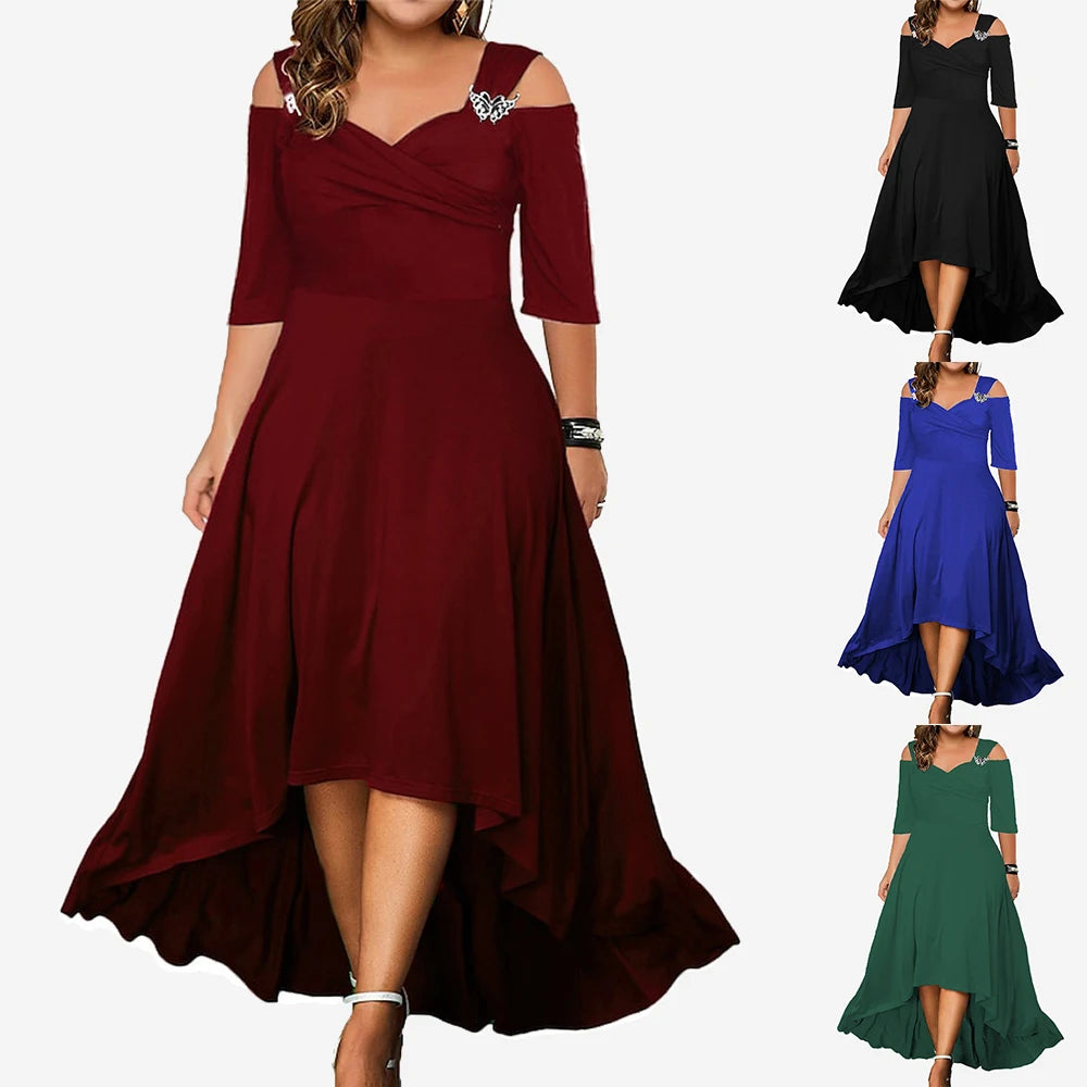 Women’s V Neck Cold Shoulder Midi Dress | Ladies Cocktail Party Gown | Swing Dresses Evening Formal Plus Size Clothing