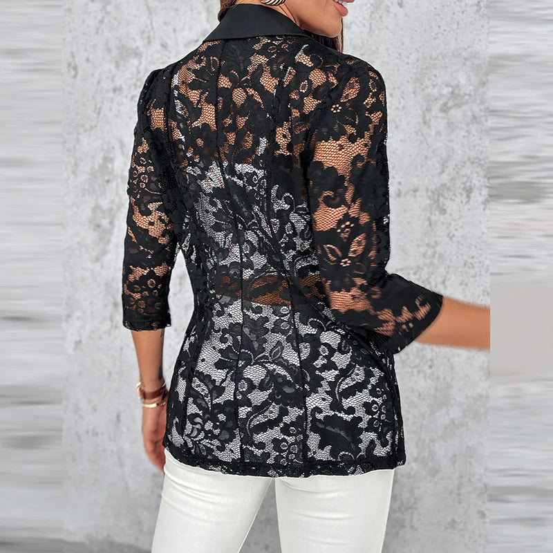 Women’s Sheer Lace Blazer with Lapel Neck and Single Button Flap Detail