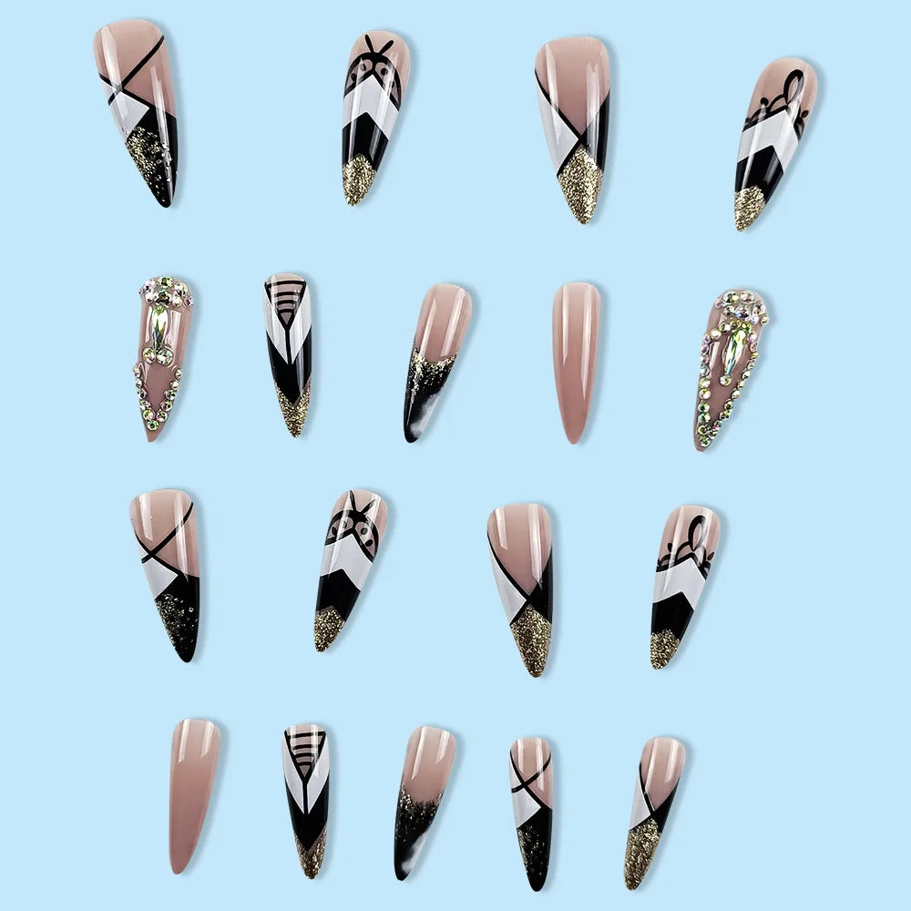 2024 French Black & White Press-On Nails - Crystal Design, European Style Artificial Nails for Women