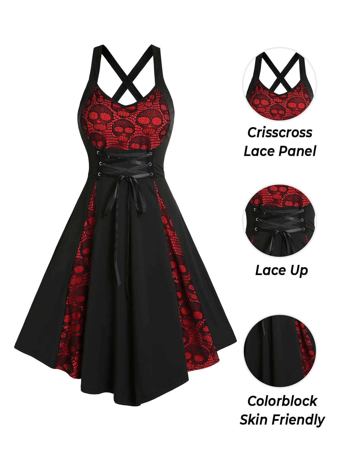 Dressfo 2024 Women's Gothic Dress – Skull Lace Godet, Lace-Up Cross Back A-Line Dress, Halloween Dress