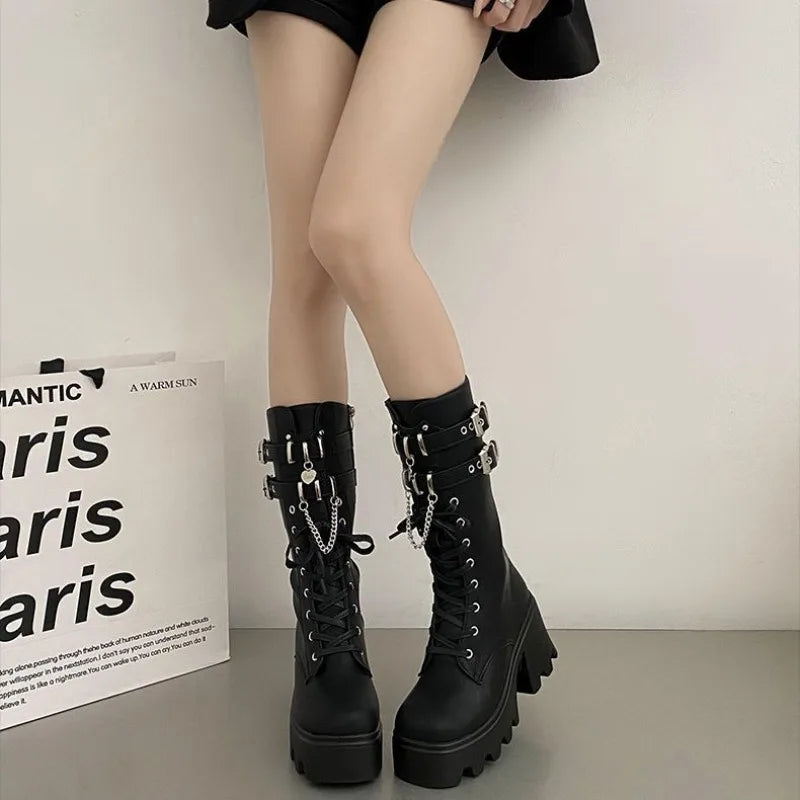 Women's Punk Gothic Buckle Chain High Heel Mid Calf Boots - Black PU Leather Fashion