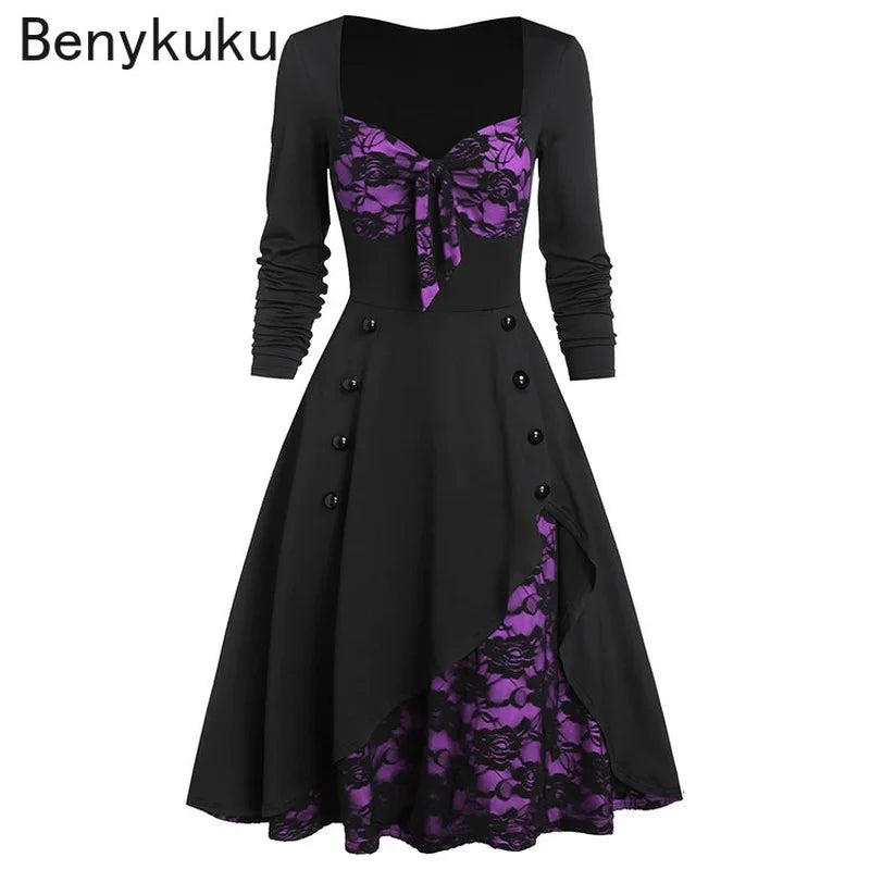 Plus Size Gothic Vintage Patchwork Lace Dress – Long Sleeve Bow Neck, Retro Button Dress for Spring & Autumn 2024