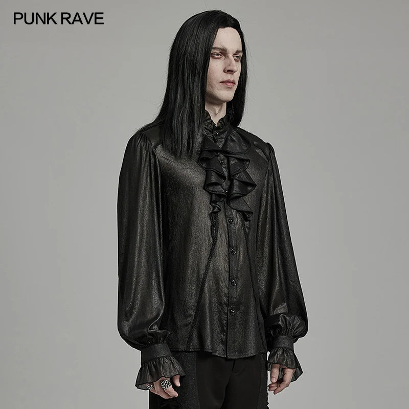 PUNK RAVE Men's Gothic Dark Print Sparkling Pleated Chiffon Gentleman Shirt Gorgeous Party Club Tops Designer Clothes Men