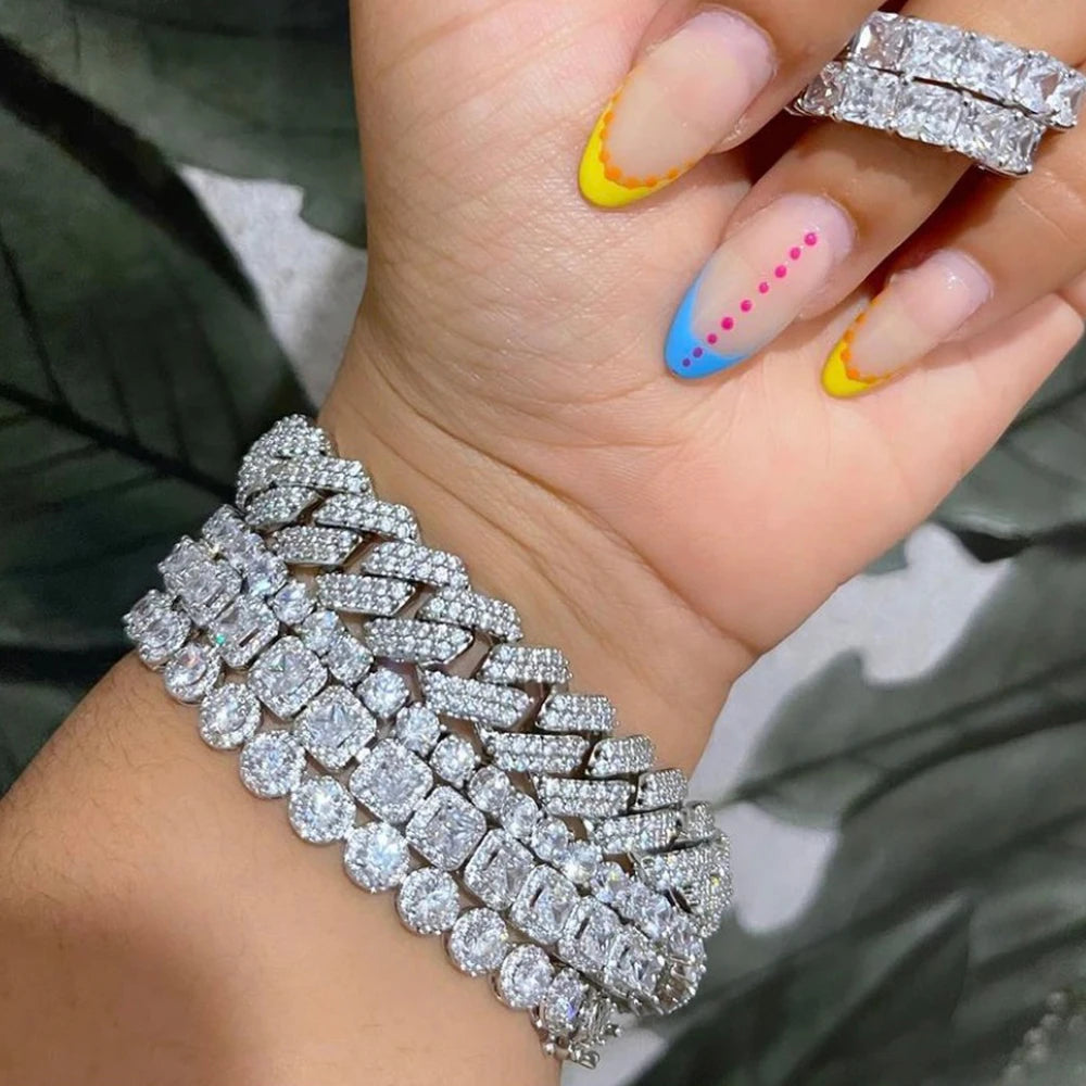 Punk Bling 2-Row Rhinestone Prong Cuban Bracelet - Colorful Crystal Chain Hip Hop Jewelry Gift for Women & Men