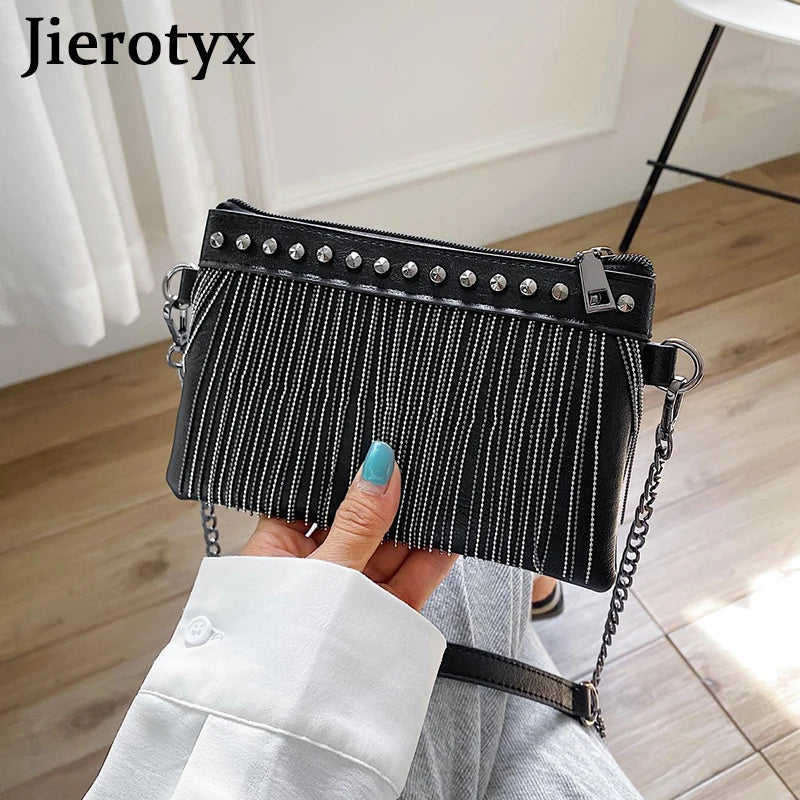 JIEROTYX Women's Crossbody Bags – Small Tassel Rivet Shoulder Bag with Chain Strap, Black & White Handbag