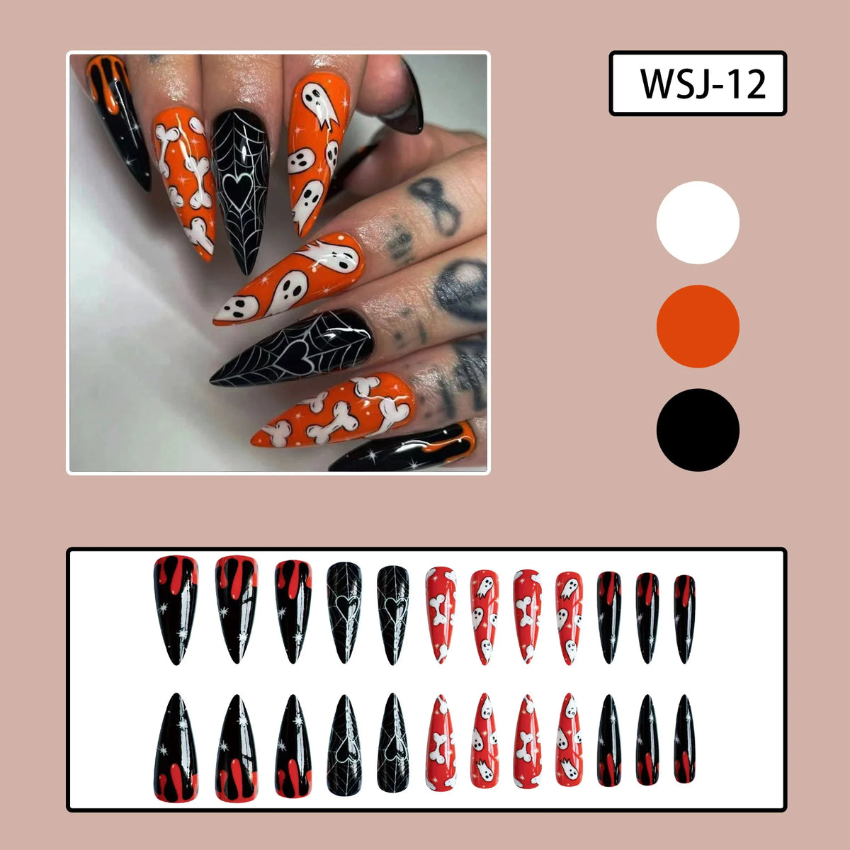 Halloween Long Pointed Nail Stickers White Bone Decor Long Stiletto False Nails Tips Spider Web Ghost Design Fake Nails Press On