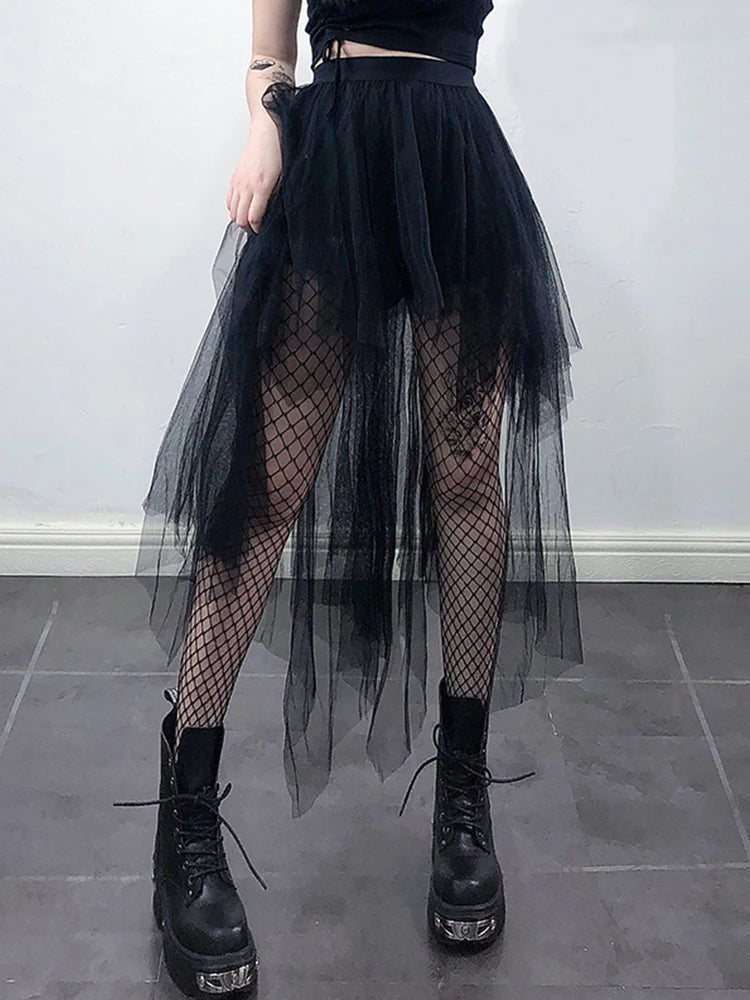 AltGoth Mall Gothic Mesh Skirt - Women's Fairy Grunge Harajuku Punk High Waist Irregular Skirt, Emo Alternative Fairycore Style