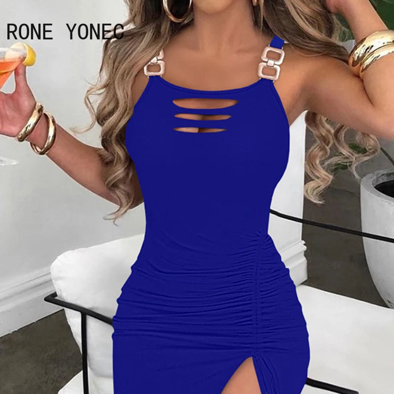 Women's Sexy Bodycon Maxi Dress with Thick Straps, High Slit, Shirring, and Knitting Hole Detailing