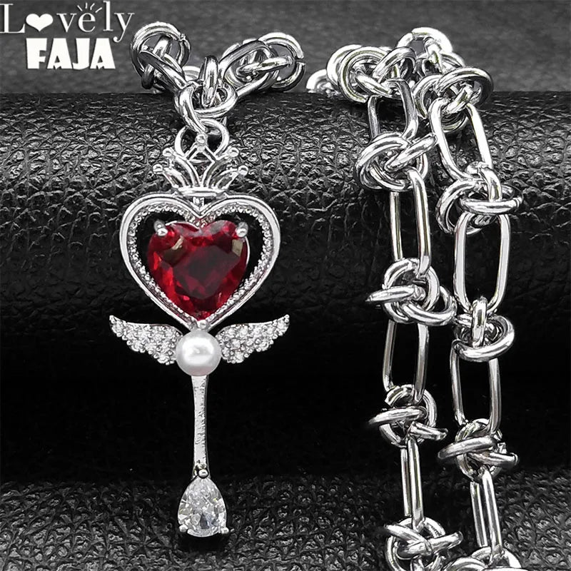 Y2K Kpop Magic Wand Necklace – Red Heart Crystal Fairy Wand Choker, Stainless Steel Korean Party Jewelry Gift