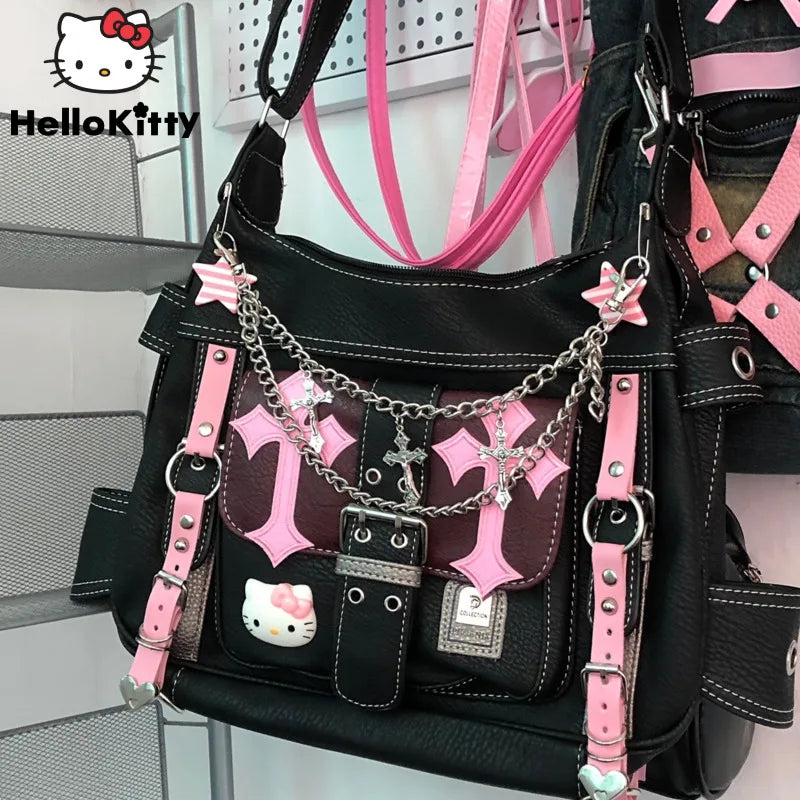 Sanrio Hello Kitty Gothic Punk Vintage Pink Crossbody Bag - Hot Girl Handbag, Y2K Trend School Zipper Tote for Women