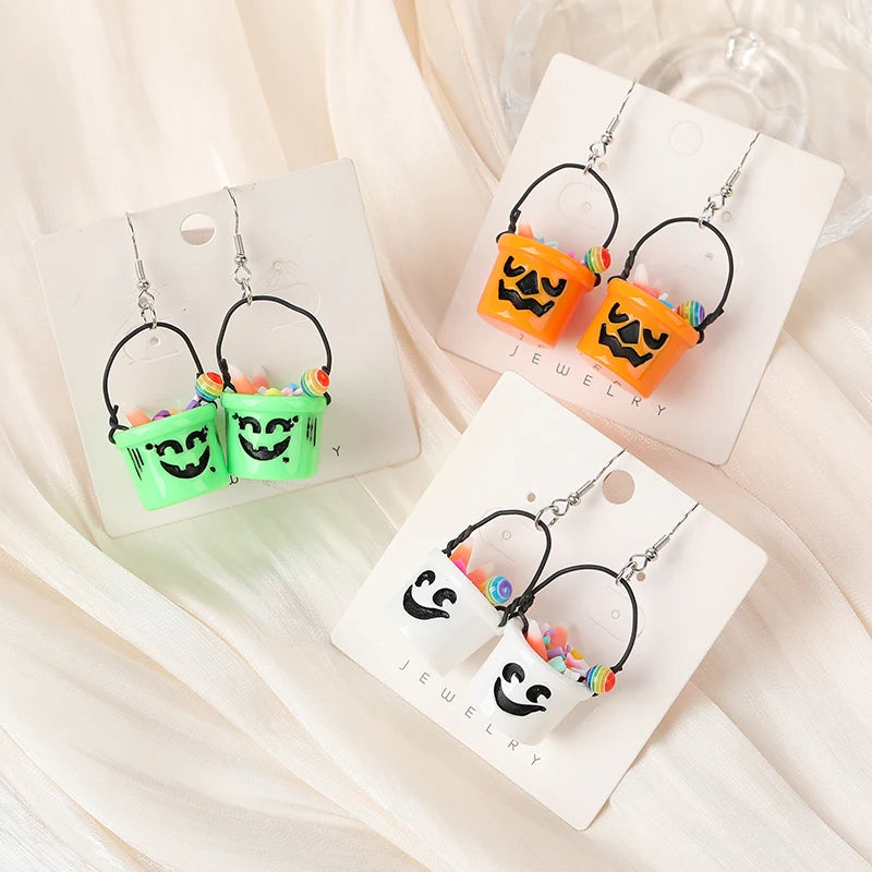 1 Pair Fashion Halloween Drop Earrings – 3D Resin Trick or Treat Basket Jewelry for Girls and Women, Birthday Gift