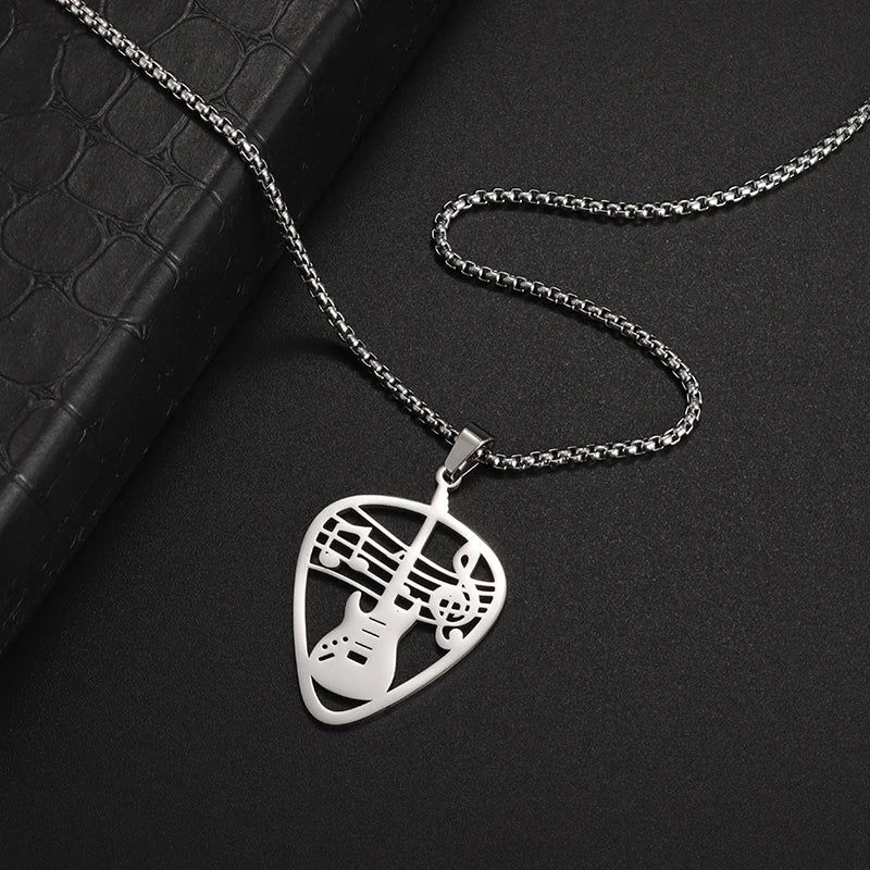 Stainless Steel Hollow Design Guitar Pick Bass Note Necklace Men and Women Suitable for Music Lovers Pendant Rock Punk Jewelry