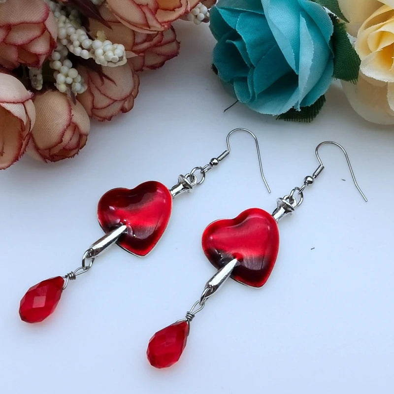 Arrow Through Heart Halloween Earrings Funny Dark Punk Earrings Heart Blood Drops Sweet Love Heart Earrings