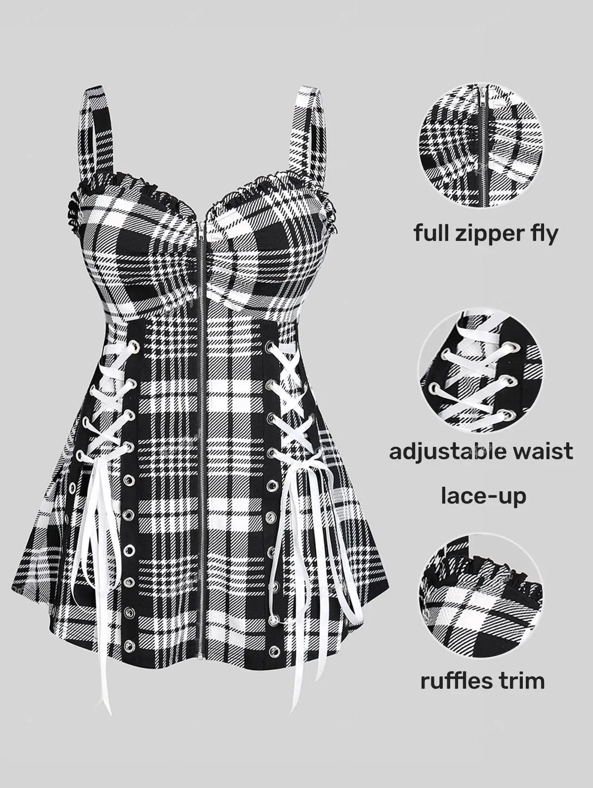 ROSEGAL Plus Size Plaid Tanks | Fashion Sweetheart Neck Front Full Zipper Ruffles Vests | Women Summer Streetwear Lace-Up Tops