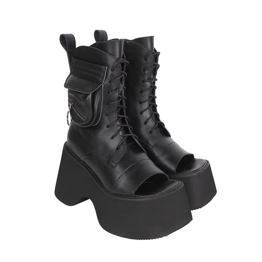 Women’s Motorcycle Style Punk Boots - Dark Gothic High Heels with Open Toe, Pocket Detail, and Chunky Platform