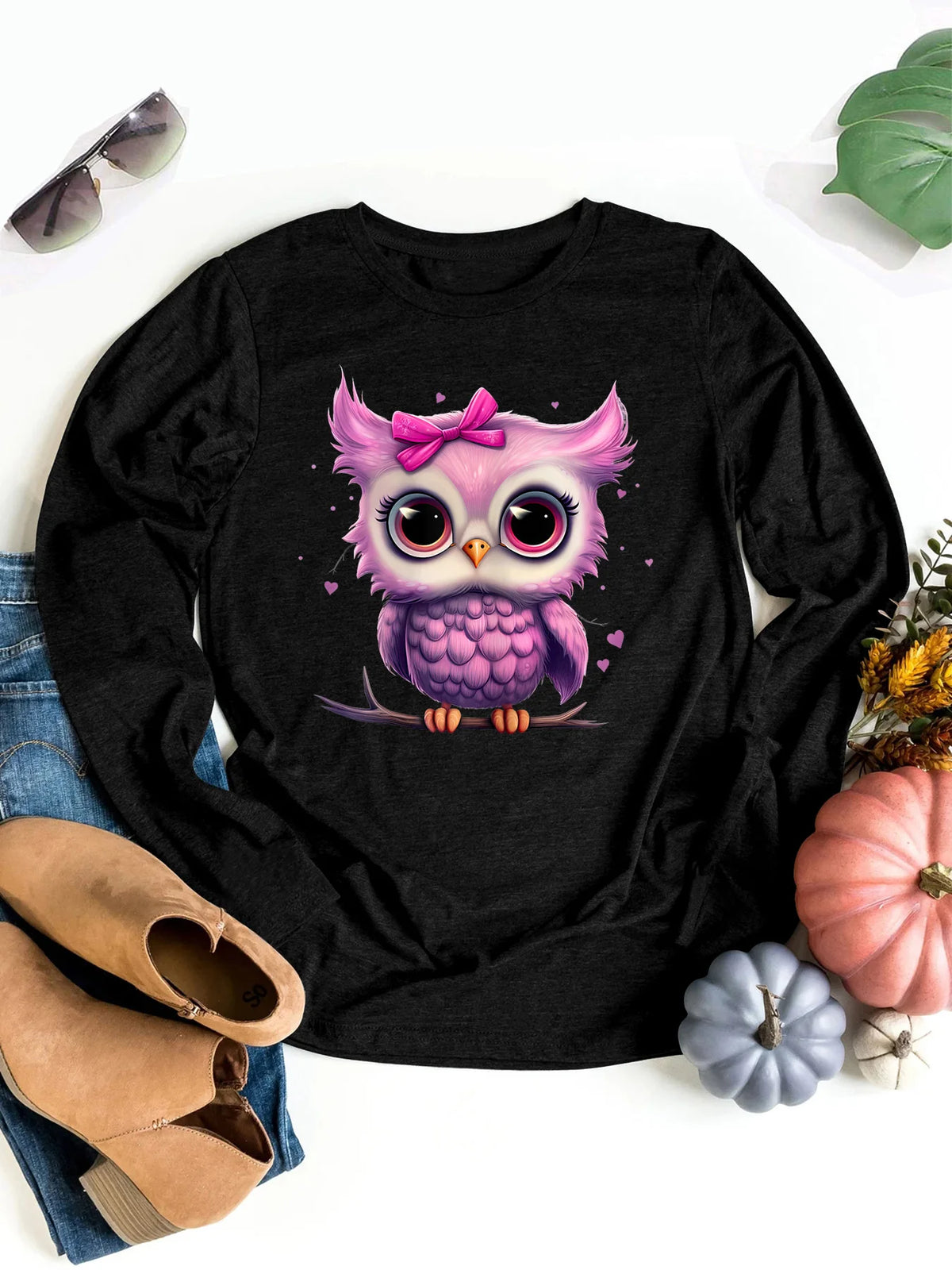 Plus Size Cartoon Cute Bow Purple Owl Print Graphic Long Sleeve T-Shirt | Retro Unisex Casual Women’s To