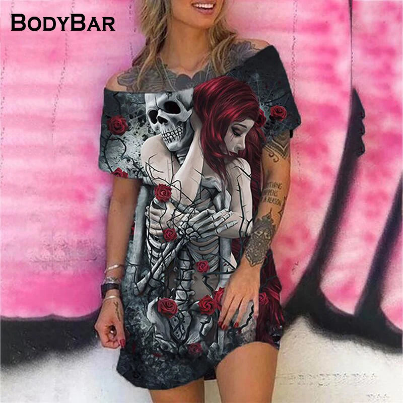 Oversize Dress Short Sleeve Skull Print Mini Dresses - Sexy Off Shoulder A-Line Dress for Women Y2K Casual