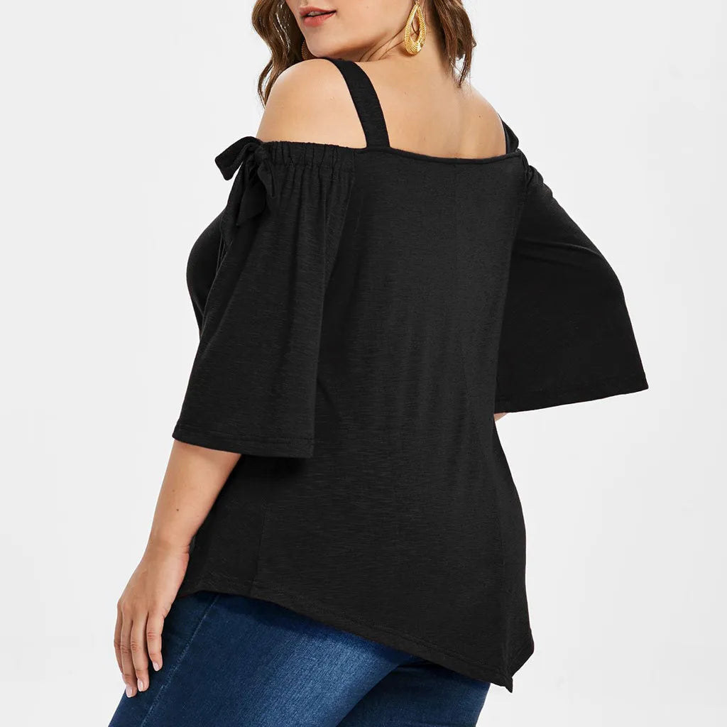 Versatile Plus Size Asymmetric Cold Shoulder Top - Bow Blouse for Fashionable Women