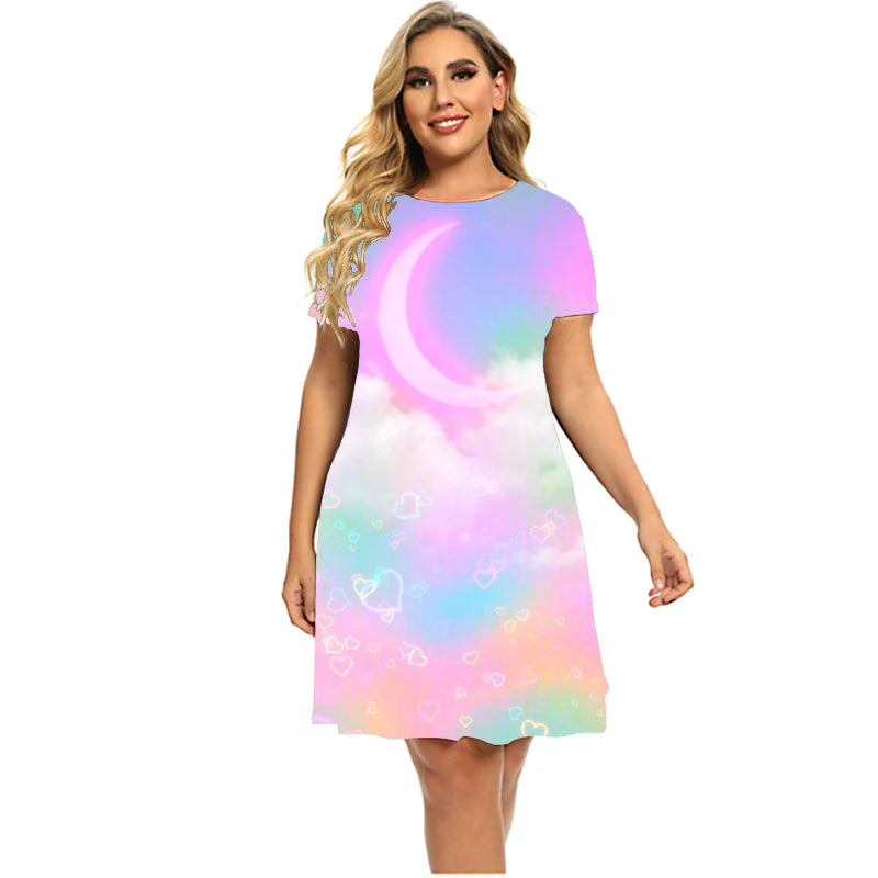 Stars And Moon Gradient Rainbow Women’s Short Sleeve O-Neck A-Line Plus Size T Shirt Dresses