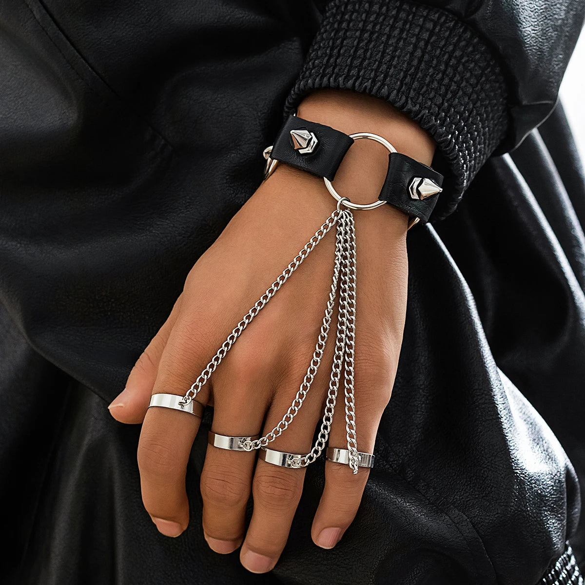 Goth Punk Rock Rivet Black PU Leather Chain Link Ring Bracelet