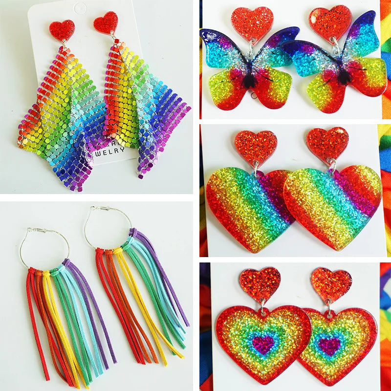 Rainbow Pride Month Earrings - Shining Heart-Shaped Love Acrylic Colorful Tassel Earrings for LGBTQ+ Festival and Parade