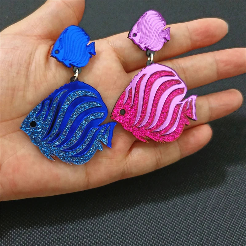 Striped Tropical Fish Summer Mirror Earrings for Women - Acrylic Glitter Blue Hot Pink Cute Jewelry Fashion Accessories by KUGUYS