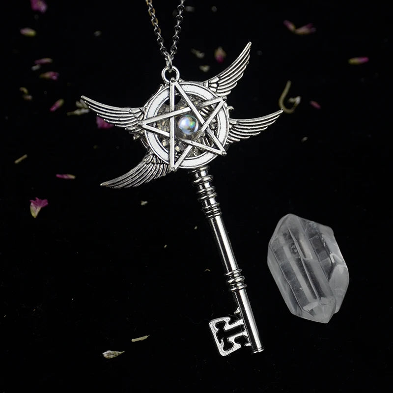 Crystal Energy Witch Triple Moon Pentagram Wings Key Pendant Necklace – Pagan Gift