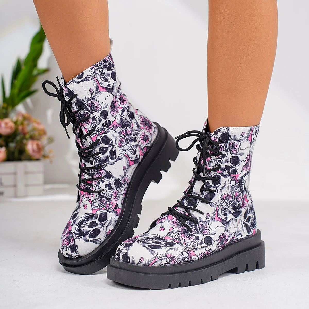 Spring and Autumn Punk Style Patterned Print Lace-Up Martin Boots